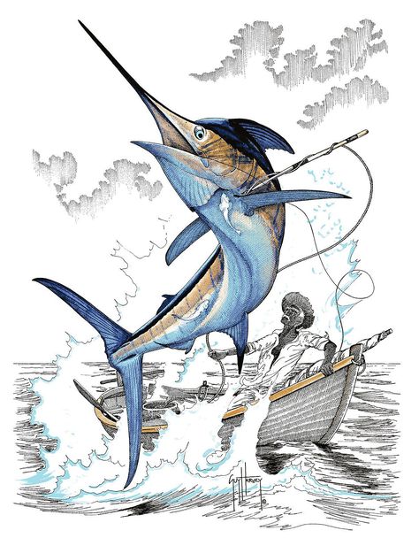 Guy Harvey (Painting Art) oldman and the sea The Old Man And The Sea Art, The Old Man And The Sea, Guy Harvey Art, Fishing Painting, Marlin Fish, Marine Artist, Sea Tattoo, Sea Life Art, Blue Marlin