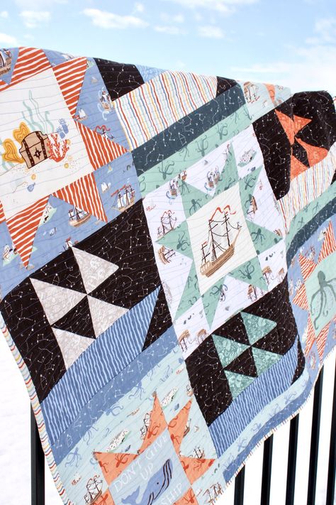 Hoist the Sails – Twinkle Boat Baby Quilt – Riley Blake Designs Fabric Gift Tags, Pirate Quilt, Cool World Map, Granny Square Quilt, Twin Quilt Size, Baby Quilt Pattern, Cot Quilt, Toddler Quilt, Quilt Tutorial