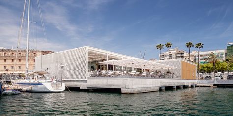 Perforated cladding unifies SCOB's Barcelona marina buildings Marina Architecture, Port Architecture, Marina Design, Waterfront Architecture, Lattice Screen, Cruise Terminal, Ocean Club, Public Architecture, Fish Market