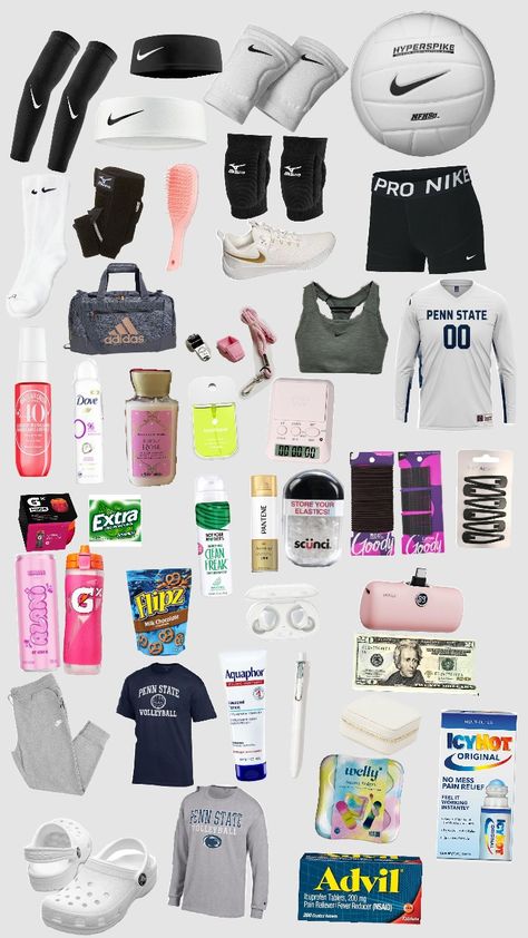 realistic v-ball bag #volleyball What To Bring To A Volleyball Game, Volleyball Camp Outfits, What To Put In Ur Volleyball Bag, What To Put In Volleyball Bag, Volleyball Camp Packing List, Volleyball Essentials List, What To Put In Your Volleyball Bag, Whats In My Volleyball Bag, Volleyball Must Haves