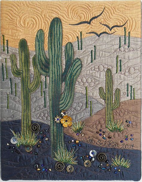 Southwest Quilts, Alphabet Quilt, Landscape Art Quilts, Applique Art, Landscape Quilt, Fiber Art Quilts, Cactus Painting, Collage Art Projects, Landscape Quilts