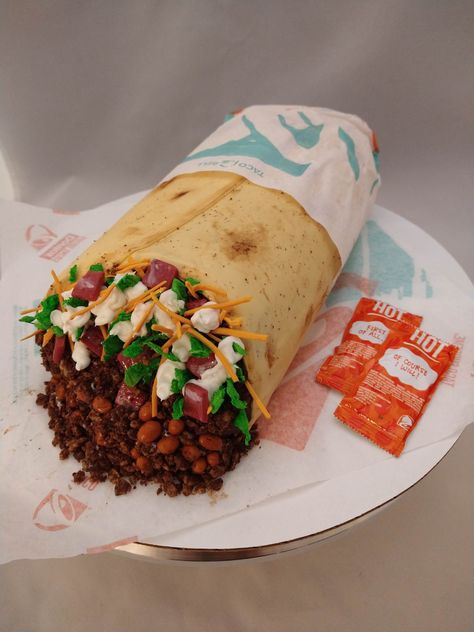 Taco Bell Burrito cake Taco Bell Cake, Taco Bell Burrito, Taco Bell Party, Taco Cake, Baking Decorating, 17th Birthday, Taco Bell, Party Treats, Cake Decorating Ideas