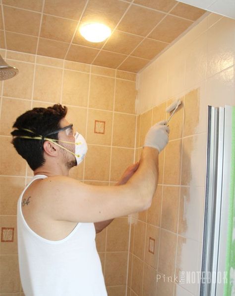 Painting the bathroom tiles with Rustoleum Tile Transformations. Much cheaper than White Knight...no primer needed. Reviews from those who've used it say it holds up well over time. Paint Tile In Bathroom, Tile In Bathroom, Painted Shower Tile, Paint Tiles, Painting Bathroom Tiles, Paint Tile, Tile Paint, Painting Shower, Tub Tile