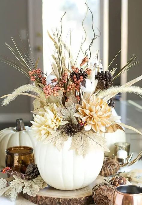 a gorgeous Thanksgiving centerpiece White Pumpkin Centerpieces, Easy Thanksgiving Crafts, Pumpkin Vase, Creative Pumpkin Carving, Fall Flower Arrangements, Fall Floral Arrangements, Fall Wedding Centerpieces, Rustic Fall Decor, Floral Arrangements Diy