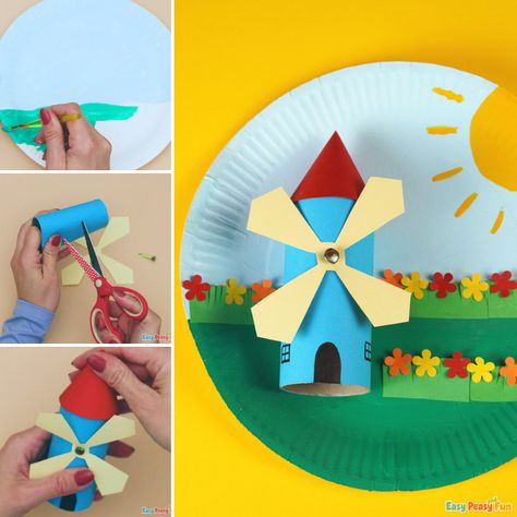 Windmill Paper Plate Craft - Easy Peasy and Fun Windmill Craft Preschool, Wind Mills Diy Ideas For Kids, Paper Windmill For Kids, Windmill Craft, Windmill Paper, Diy Windmill, Paper Windmill, Windmill Art, Paper Plate Craft