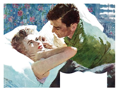 1959 illustration by Joe Bowler for the story If Dreams Come True by Leslie Gordon Barnard. From Woman’s Own magazine. Bed Reference, Joe Bowler, Americana Art, Pulp Covers, Vintage Kiss, Home Journal, City People, Alex Ross, Vintage Romance