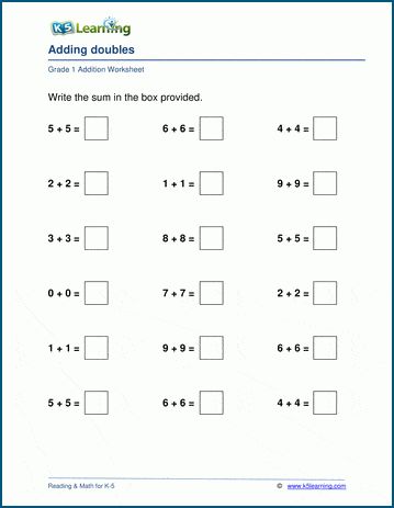 Adding Doubles worksheets for grade 1; students practice adding identical single digit numbers (e.g. 3+3, 4+ 4, ...). Instant recall of these math facts is a critical skill. Free math worksheets for K-5; no registration required. Adding Doubles First Grade, Doubles Worksheet, Free Addition Worksheets, Doubles Addition, Doubles Facts, First Grade Math Worksheets, Learning Reading, Addition Worksheets, Free Math Worksheets