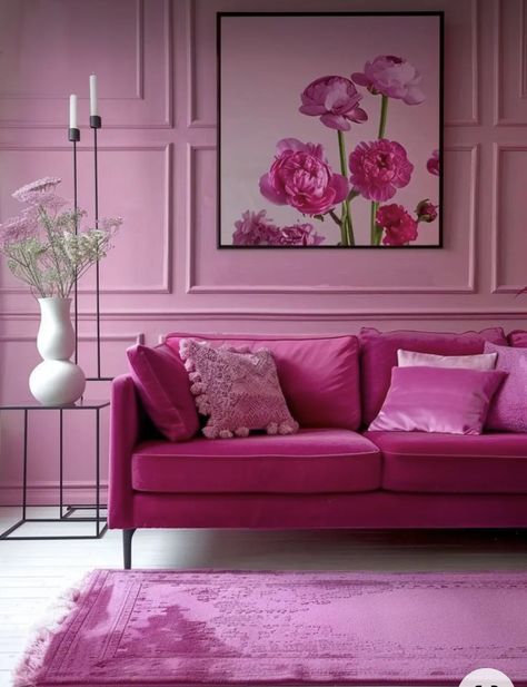 Modern Pink Room, Pink Room Interior, Hot Pink Furniture, Pink Living Room Ideas, Rooms Decoration, Pink Living Room Decor, Pink Diy, Pink Couch, Pink Furniture