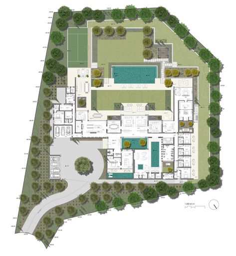 Luxury House Floor Plans, Modern House Floor Plans, Contemporary Garden Design, Painted Front Porches, Mansion Floor Plan, Courtyard House Plans, Plans Architecture, Villa Plan, Modern Mansion