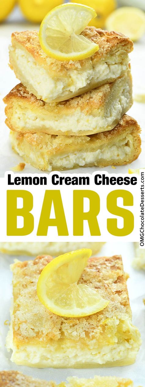 Lemon Cream Cheese Bars with crescent roll bottom and top layers, filled with a bright and refreshing lemon cream cheese mixture, buttery and crispy lemon sugar topping is the easiest dessert, breakfast, or snack. via @https://www.pinterest.com/omgchocodessets/ Crescent Roll Dessert Ideas, Crescent Cream Cheese Bars, Lemon Crescent Rolls Desserts, Crescent Roll Lemon Bars, Crescent Roll Recipes Dessert Cream Cheese, Crescent Roll Bars, Lemon Cheesecake Crescent Rolls Desserts, Lemon Bars With Cream Cheese, Lemon Cheesecake Bars Crescent Rolls