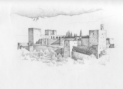 Alhambra Drawing, Tattoo 2024, Urban Sketching, Geometric Designs, Malaga, Architecture Drawing, Granada, Land Scape, Castle