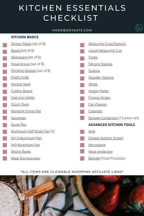 Kitchenware Checklist, Kitchen Basics List Food, Essential Kitchen Utensils List, Kitchen Registry Checklist, Basic Kitchen Essentials List, New House Must Haves List, Kitchen Utensils List Cooking Tools, Kitchen Supplies List, Home Appliances List