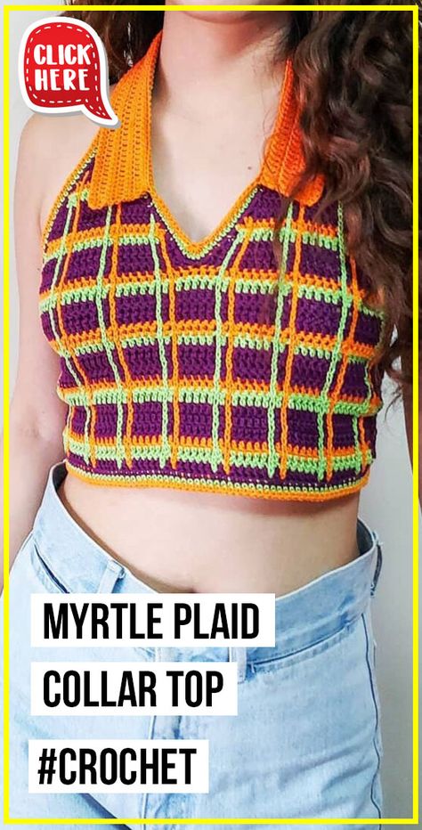 crochet Myrtle Plaid Collar Top easy pattern - Easy Crochet Top Pattern for Beginners. Click to Try the Pattern #Top #crochetpattern #crochet via @shareapattern.com Checkered Crochet Top Pattern, Crochet Collared Top, Crochet Top With Collar, Crop Top Crochet Pattern Free, Crochet Collar Top, Crochet Top Designs, Diy Crochet Top Pattern, Crop Tops Crochet, Crochet Crop Top Pattern Free