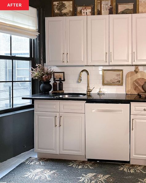 Kitchen cabinets painted white and walls painted dark color in renovated kitchen. Rental Kitchen Makeover, Painting Kitchen Cabinets White, Builder Grade Kitchen, Interior Wall Colors, Rental Kitchen, Black Countertops, White Tile Floor, Builder Grade, Tiny House Kitchen