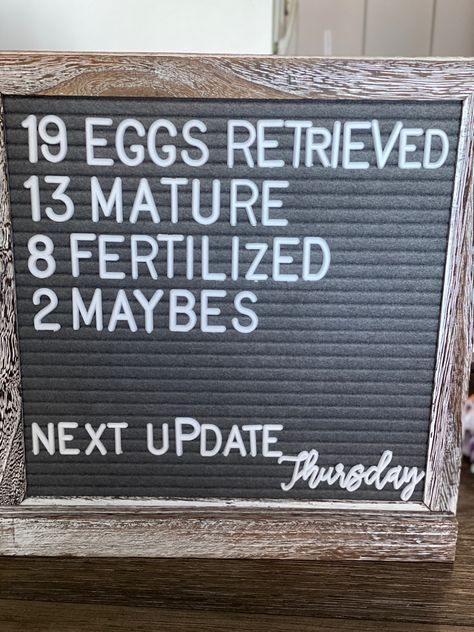 Message board to family after egg retrieval. Egg Retrieval Day Letter Board, Ivf Journey Photos, Egg Retrieval Ivf Letter Board, Ivf Board Ideas, Egg Retrieval Ivf, Egg Retrieval Day, Ivf Baby Announcement, Ivf Announcement, Ivf Egg Retrieval