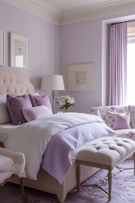 Lilac And Beige Bedroom, Lilac Apartment, Lilac Room Aesthetic, Light Purple Room, Purple Bedroom Walls, Lilac Bedroom Ideas, Room Color Ideas Bedroom, Lilac Room, Lilac Bedroom