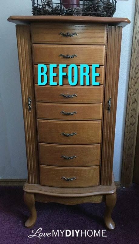 You have to see this stunning makeover! Jewelry Cabinet Armoire, Refurbish Jewelry Armoire, Painted Jewelry Armoire Diy, Refinishing Jewelry Armoire, Jewelry Stand Makeover, Jewelry Box Make Over, Standing Jewelry Box Makeover, Painting Jewelry Armoire, Jewelry Dresser Makeover