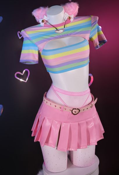 Rainbow Fishnet Outfit, Rave Clothing Ideas, Rainbow Top Outfit, Neon Fishnet Outfit, Outfits Reference Drawing, Rainbow Core Outfit, Pink Rave Outfits, Funky Aesthetic Outfits, Pastel Femboy Outfit