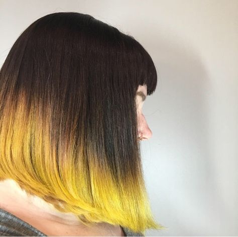 Comic book hair! Deep brunette base melted into bright yellow ends on a cute blunt bob! Comic Book Hair, Green Balayage, Beliage Hair, Balliage Hair, Deep Brunette, Flame Hair, Dyed Hair Pastel, Dip Dye Hair, Hair Color Streaks