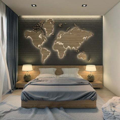 Penthouse Decor, Room Decor Ideas Diy, World Map Wall Decor, Fall Room Decor, World Map Decor, Decor Ideas Diy, Map Decor, Bedroom Furniture Design, Room Design Bedroom