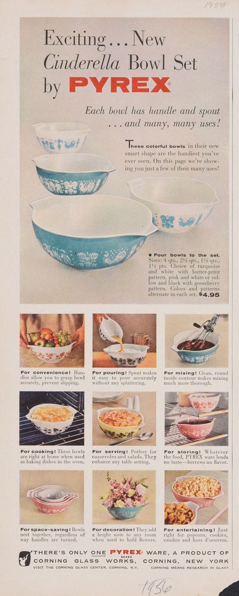 Vintage Pyrex Ads, Pyrex Advertisement, Pyrex Town And Country, Pyrex Vision, Vintage Pyrex Patterns, Pyrex Cinderella Bowls, Corning Glass, Pyrex Patterns, Pyrex Primary Colors