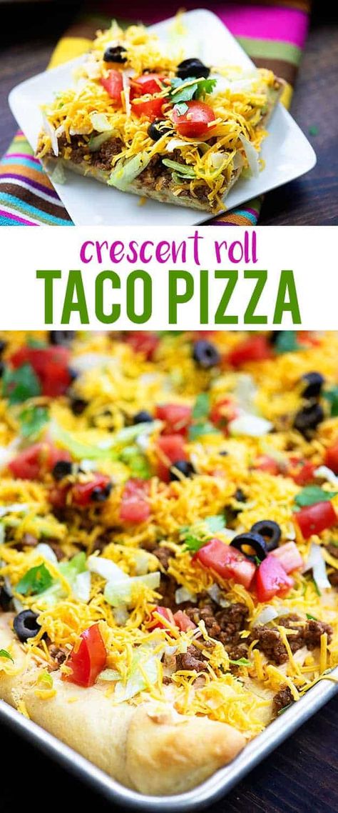 Taco Crescent Roll Pizza Ww Crescent Roll Recipes, Taco Crescent Rolls, Pizza Taco, Crescent Roll Crust, Pizza Buns, Crescent Roll Pizza, Taco Toppings, Crescent Recipes, Snacks Appetizers