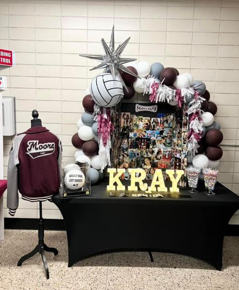 Senior Night Tables Volleyball, Sports Senior Night Table Ideas, Senior Volleyball Table Display, Senior Sports Table Ideas, Senior Night Photo Board, Senior Cheerleader Table Ideas, Volleyball Senior Night Table Ideas, Senior Table Ideas Sports Volleyball, Senior Volleyball Night Ideas