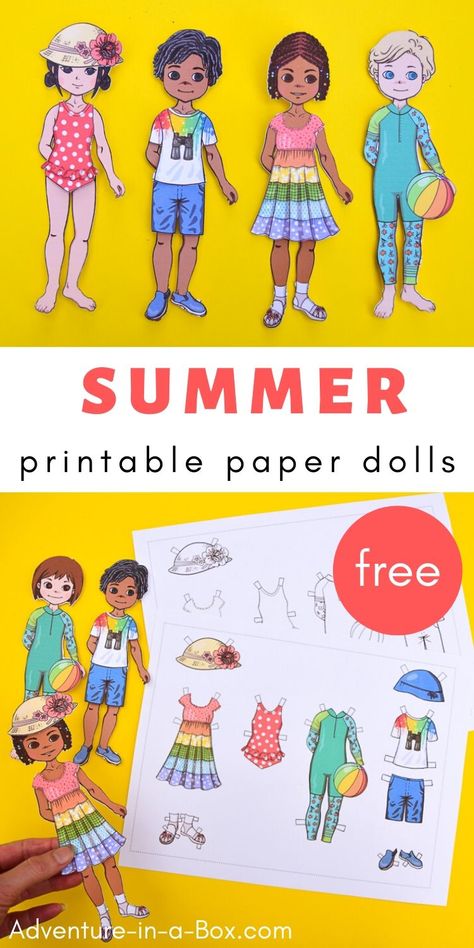 Get these free printable paper dolls ready for summer with a set of light and colourful summer clothes! #summercraft #paperdolls #freeprintables #printyourown #kidscrafts Paper Doll Family Free Printable, Free Paperdoll Printables, Printable Paper Dolls With Clothes, Dress Up Paper Dolls Free Printable, Printable Paper Dolls Free Templates, Free Paper Doll Printable Templates, Paperdolls Printable Free Doll Clothes, Paperdolls Printable Free, Free Printable Paper Dolls Templates