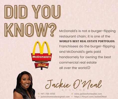 Fun Fact Friday!💡 Did you know that McDonald's owns the best commercial real estate all over the world? 🤔 You may be looking for a commercial space or your dream home, well I got you!😉 📱 941-720-4725 📩 jackieohomesales@gmail.com Did You Know Facts About Real Estate, Facts About Real Estate, Facebook Quotes Funny, Real Estate Fun, Fun Fact Friday, Facebook Quotes, Did You Know Facts, Best Commercials, Commercial Space