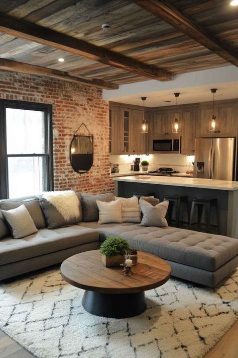 A warm industrial space with glowing lights and rustic brick textures. Brick Interior Design Living Rooms, Exposed Brick Living Room, Industrial Living Room Ideas, Loft Aesthetic, Beautiful Houses Exterior, Creative Bathroom Design, Modern Industrial Living Room, Neutral Bedroom Design, Utility Room Designs