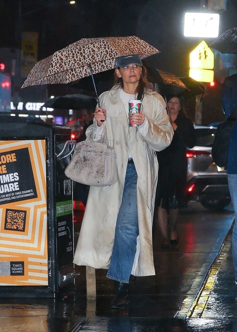 Katie Holmes Is Our Rainy Day Style Inspiration Fashion Lookbook Layout, Rain Outfits, Rainy Day Style, Lookbook Layout, Rain Outfit, Star Of The Week, Rainy Day Fashion, Dress Scarf, Knit Sweater Coat