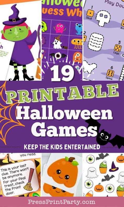 19 Printable Halloween Games for kids that are perfect for keeping the spooky fun going all season! This collection of free games includes everything from board games and memory matching to dice games, ensuring there's something for everyone, even teens. Whether you're looking for party ideas or just some quick entertainment, these games are a must-have. Save these free Halloween printables by Press Print Party! Halloween Party Ideas For Kids Games Free Printable, Free Printable Halloween Games, Free Halloween Games, Halloween Party Games For Kids, Printable Halloween Games, Easy Halloween Games, Halloween Bingo Game, Free Halloween Printables, Halloween Scavenger Hunt