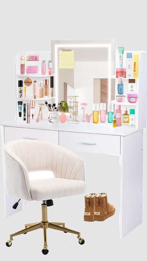 Comment what you would add to this vanity #vanity #skincare #makeuproutine #preppy #fyp Preppy Vanity, I Love Skincare, Colorful House Decor, Vanity Skincare, Dream Vanity, Room Wishlist, Beauty Room Vanity, Preppy Bedroom, White Room Decor