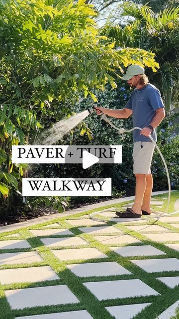 Turf Driveway Ideas, Paver Turf Patio, Paver Patio With Artificial Turf, Diy Turf And Pavers Backyard, Courtyard With Artificial Turf, Front Yard Landscaping Turf, Artificial Turf Patio Ideas, Low Maintenance Backyard Landscape Ideas, Turf Design Ideas