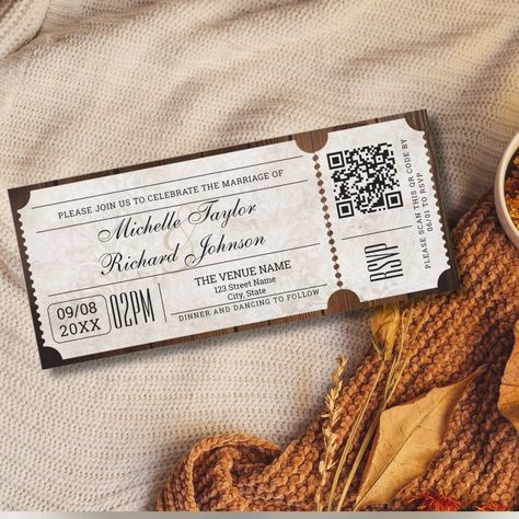 Rustic Vintage Movie Ticket with RSVP QR Code Invitation Vintage Movie Ticket, Old Ticket, Movie Ticket Wedding Invitations, Qr Code Invitation, Movie Ticket Invitations, Rsvp Qr Code, Ticket Wedding Invitations, Debut Invitation, Movie Ticket