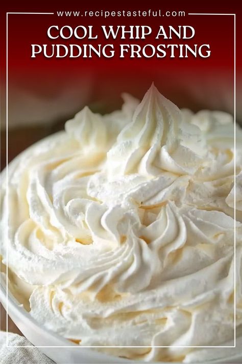 This simple and delicious Cool Whip and Pudding Frosting is perfect for topping cakes, cupcakes, or even using as a dip for fresh fruit. With its light, creamy texture, it’s a versatile and easy-to-make frosting that’ll elevate any dessert! How To Make Cool Whip Icing, Easy Coolwhip Frosting, Pudding Frosting Recipe Cool Whip, Cool Whip And Pudding Frosting Recipe, Cool Whip Frosting Without Pudding, Pudding Filling For Cake, Pudding Whipped Cream Frosting, Cool Whip And Pudding Frosting, Pudding Cool Whip Frosting