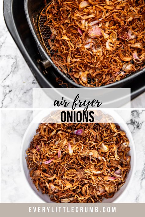 Air Fryer Haystack Onions, Onions Air Fryer Recipes, Carmelized Onions In The Air Fryer, Air Fryer Grilled Onions, Airfryer Crispy Onions, Air Fryer Crispy Fried Onions, Air Fryer Caramelized Onions, Air Fry Onions, Airfry Onions