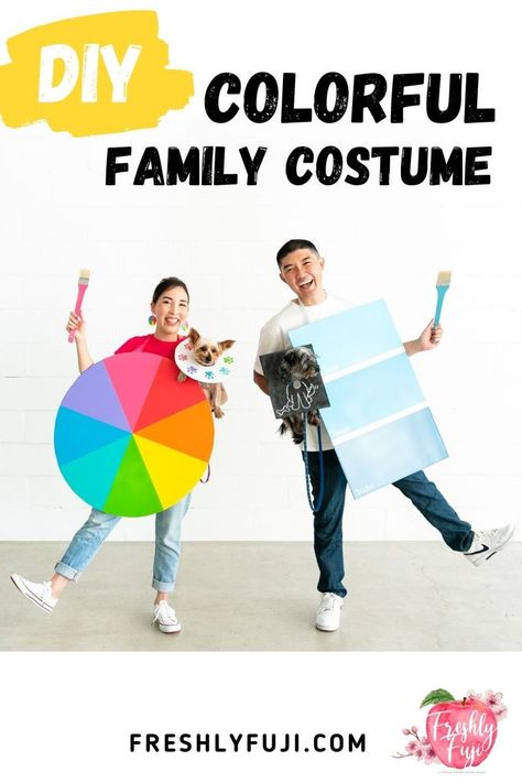 Photo of couple dressed as a color wheel and paint chip. They're holding their dogs dressed as a paint palette and doodle drawing. Art Teacher Halloween Costumes, Doodle Costumes, Make A Color Wheel, Color Wheel Paint, Chip Costume, Dog And Owner Costumes, Painting Costume, Dog Doodle, Cardboard Costume