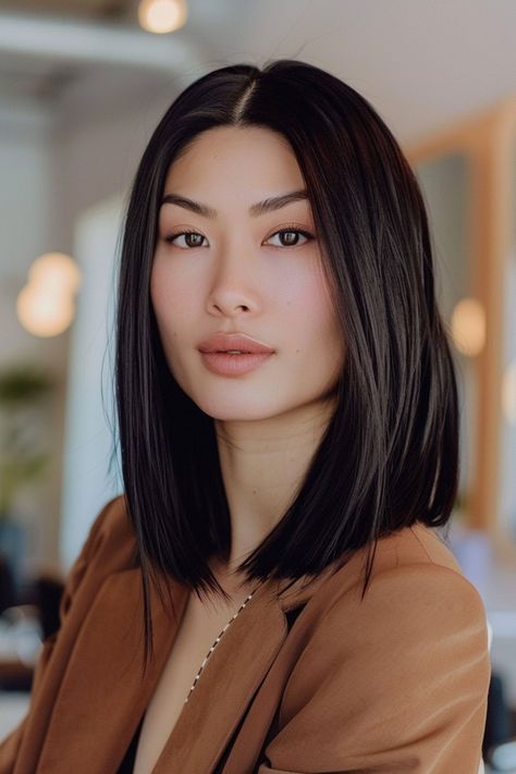 49%20Trendiest%20Long%20Blunt%20Bob%20Haircuts%20for%20a%20Sleek%20New%20Blunt%20Lob Asian Hair Bob, A Line Long Bob, Soft Black Hair, Hairstyles And Haircuts, Lob Haircut, Asian Hair, Bob Haircuts, Long Bob, Latest Hairstyles