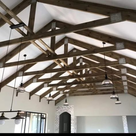 Open Truss Ceiling, Exposed Roof Trusses, Exposed Trusses, Roof Trusses, Track Light, Barndominium, Pocahontas, Ceiling Light, Track Lighting