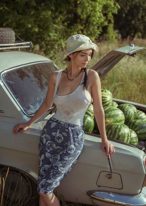 women, brunette, hat, women outdoors, car, watermelons, David Dubnitskiy HD wallpaper Fox Actress, Art Cook, David Dubnitskiy, Gray Pictures, Watermelon Girl, Medieval Woman, Cook Art, Women Models, Grey Pictures