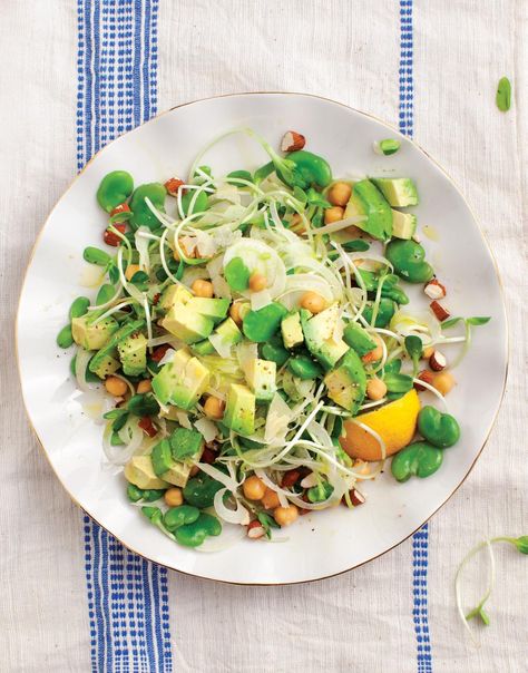 Beans are full of protein and fiber while avocado brings the healthy fats to this light, summery avocado salad. Bean And Avocado Salad, Fava Bean Salad, Fava Beans Salad, Dr William Li, Blue Zones Diet, Blue Zones Recipes, William Li, Zone Recipes, Fava Bean