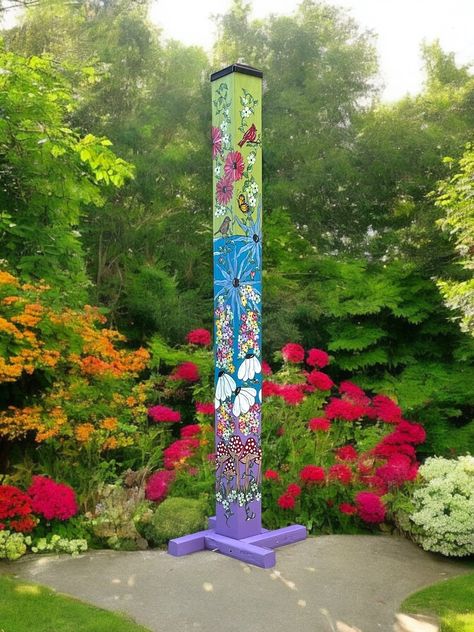 Garden Post Handcrafted Buds and Birds Décor for Your Outdoor Space, Perfect for Garden Lovers & Nature Enthusiasts - Etsy Garden Poles Painted, Garden Posts Decorative, Fence Post Decorating Ideas, Garden Totems Diy Yard Art, Painted Posts, Garden Stick, Front Porch Landscape, Peace Poles, Light Posts