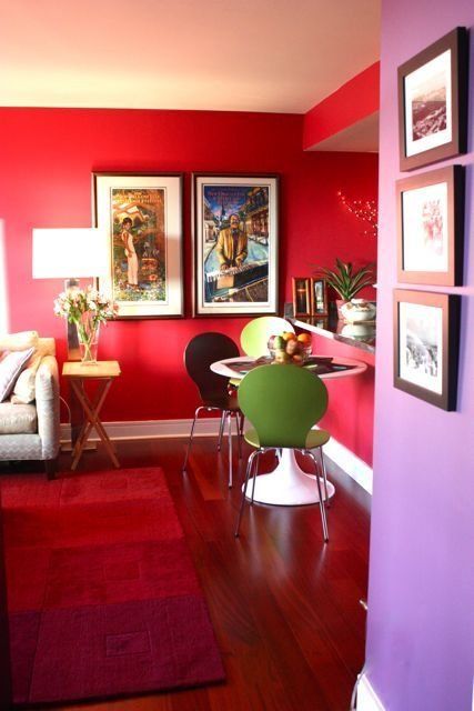 Purple And Red Home Decor, Purple And Red Room Decor, Purple And Red Interior, Red And Purple Decor, Red And Purple Room, Purple Walls Living Room, Red Room Decor, Wall Color Combination, Purple Interior