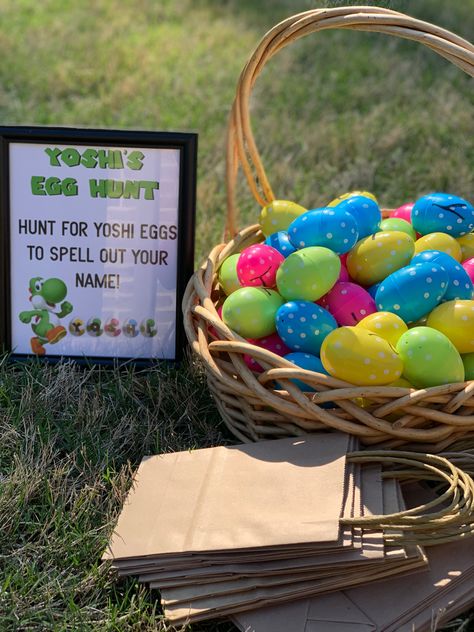 Yoshi Party Ideas, Yoshi Egg Hunt, Mario Birthday Party Games, Babysitting Aesthetic, Yoshi Egg, Mario Party Games, Romans 7, Sensory Games, Mario Yoshi