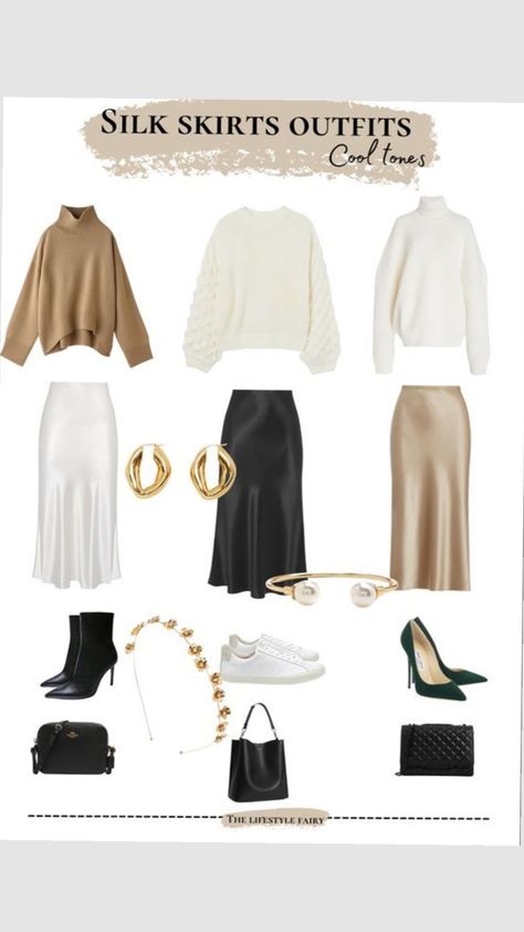 #fashion #fashioninspo #fashioncollage #fashioncollage #outfit Cream And Gold Outfit, Black And Cream Outfits, Black And Gold Outfits, Gold Outfits, Silk Skirt Outfit, Black And Gold Outfit, Cream Outfit, Cream Outfits, Gold Outfit