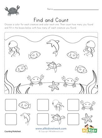 Animal Counting Worksheet, Ocean Worksheets, Ocean Animals Preschool, Animals Worksheet, Ocean Theme Preschool, Fun Worksheets For Kids, Summer Worksheets, Kids Puzzles, Toddler Class