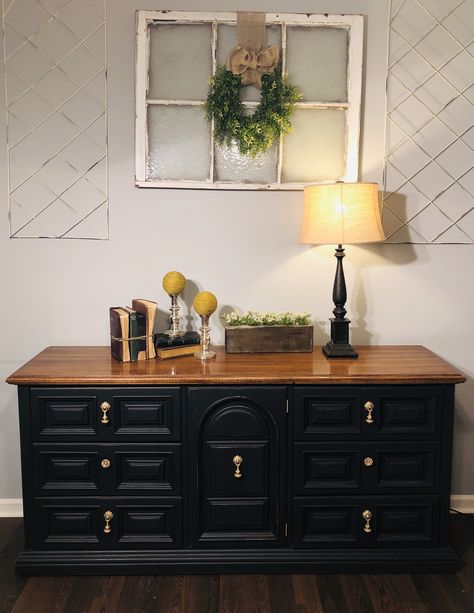 Dresser Black And Gold, Black Buffet Table Gold Hardware, Gold Black Wood Decor, Refinish Dresser Black, Dresser Flip Black And Wood, Black And Brown Dresser Makeover, Black Dresser Entryway Ideas, Black Furniture Bedroom Dressers, Black And Brown Furniture Diy