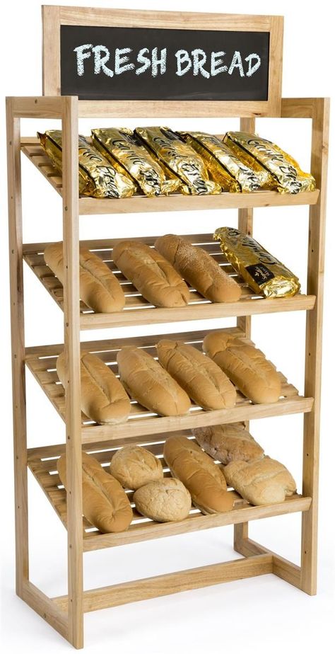 36”w Bakery Display Rack, 4 Shelves & Chalkboard Header, Wood - Oak Rak Display, Bread Display, Farmers Market Display, Bakery Shop Design, Bakery Interior, Bakery Design Interior, Grocery Store Design, Bread Shop, Bakery Display