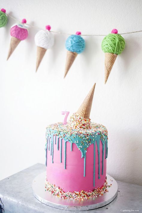 Upside down ice cream cone birthday cake Unicorn Slime, Cream Birthday Party, Ice Cream Birthday Party, Ice Cream Theme, Ice Cream Social, Ice Cream Birthday, Slime Recipe, Ice Cream Party, Drip Cakes